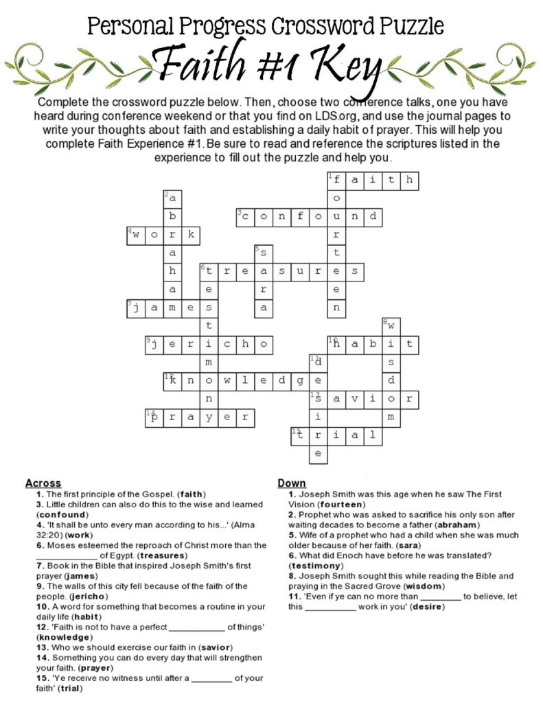 Personal Progress Faith 1 Crossword Puzzle Key Your Everyday Family